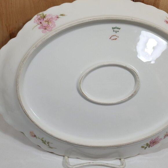 Theodore Haviland Limoges Platter 14x10" Schleiger 144 Green Scrolls Pink Rose - Picture 8 of 10